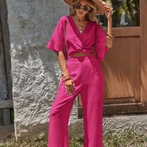 Drop Shoulder Crop Top & Wide Leg Pants